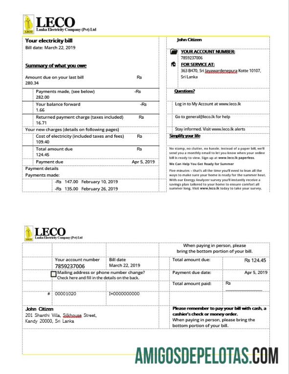 Conta de eletricidade LECO do Sri Lanka em formato Word modelo